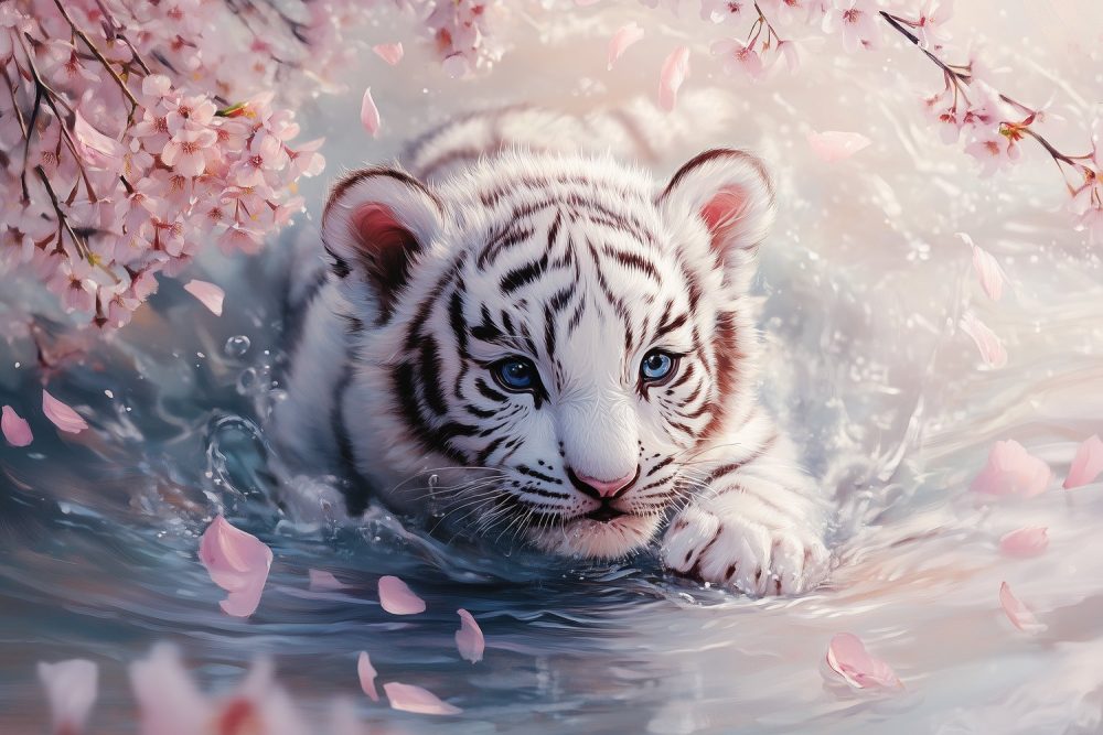 Witte tijger welp in water behang