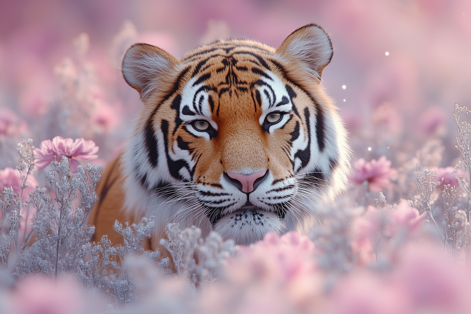 Tijger in roze bloemenweide behang