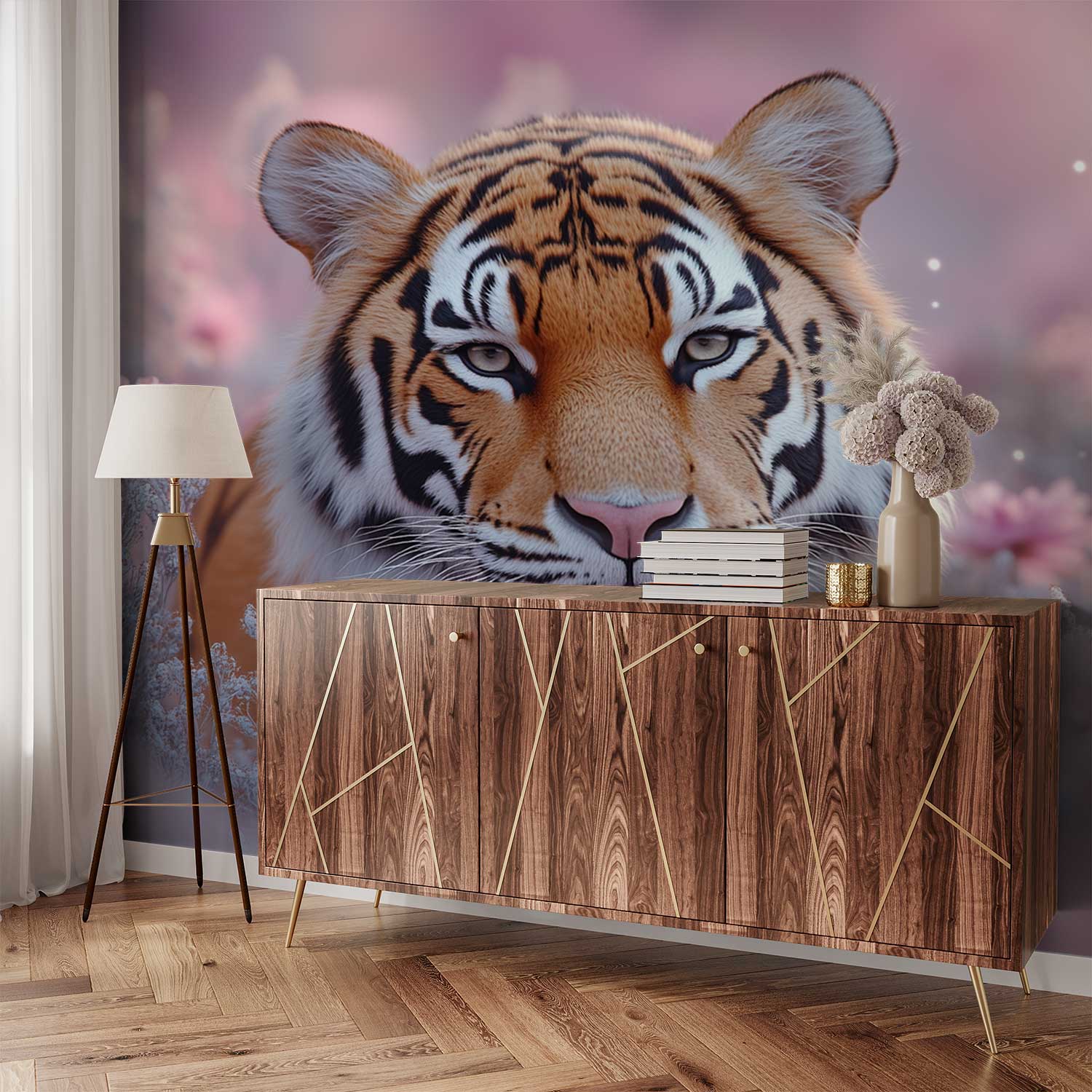 Tijger in roze bloemenweide behang - Afbeelding 2
