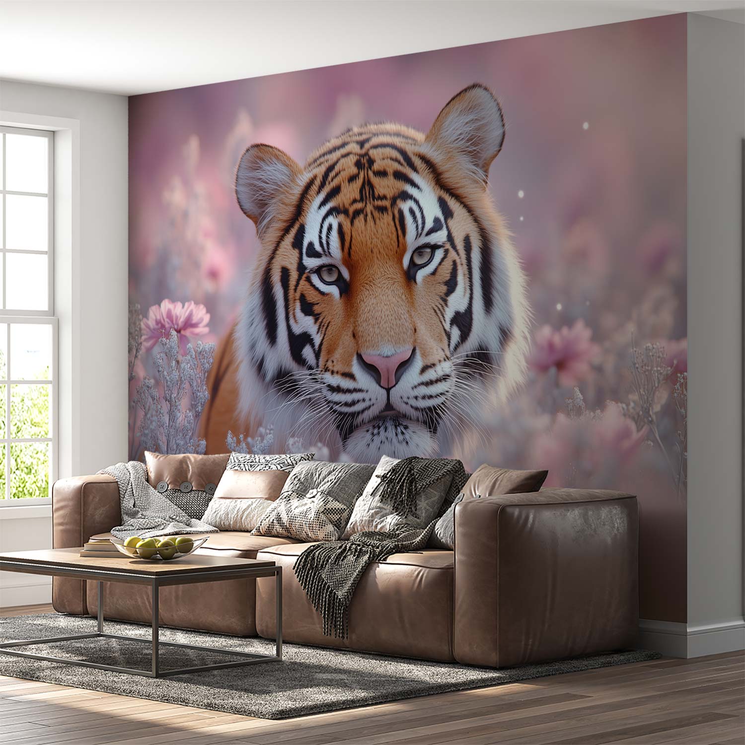 Tijger in roze bloemenweide behang - Afbeelding 4