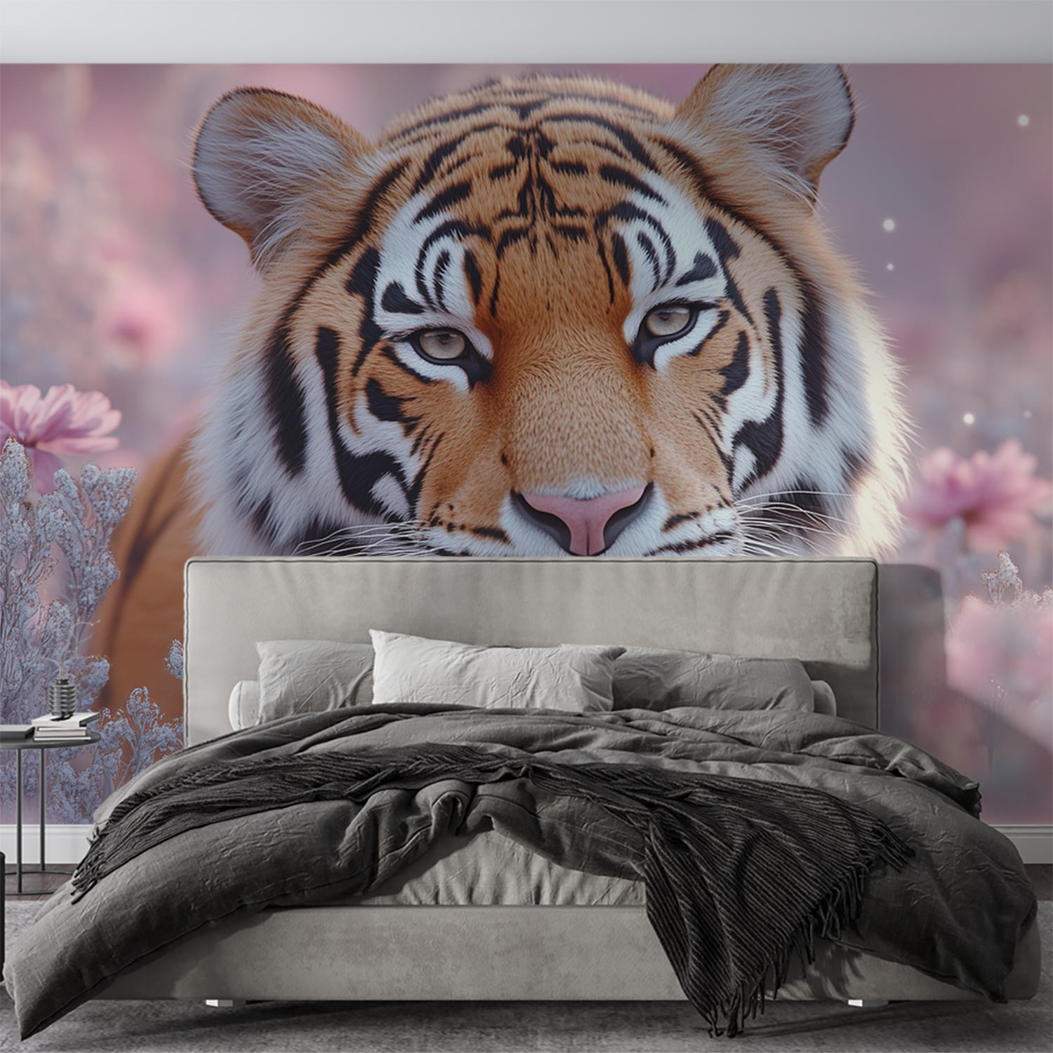 Tijger in roze bloemenweide behang - Afbeelding 3