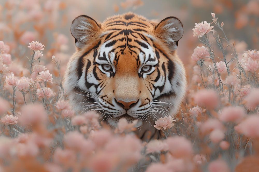 Tijger in roze bloemenveld behang