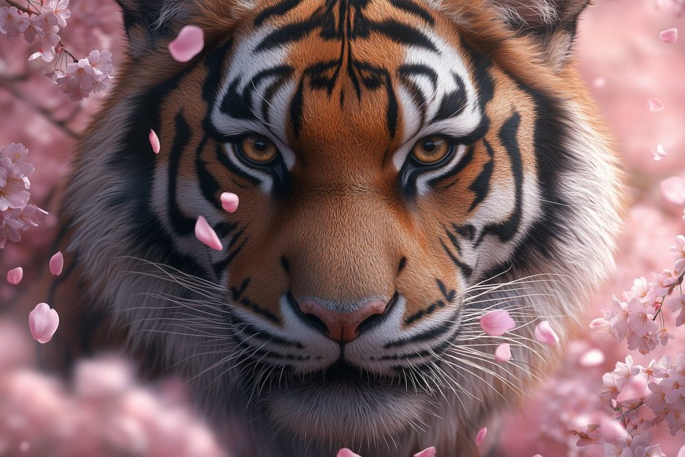 Tijger tussen roze bloemen behang