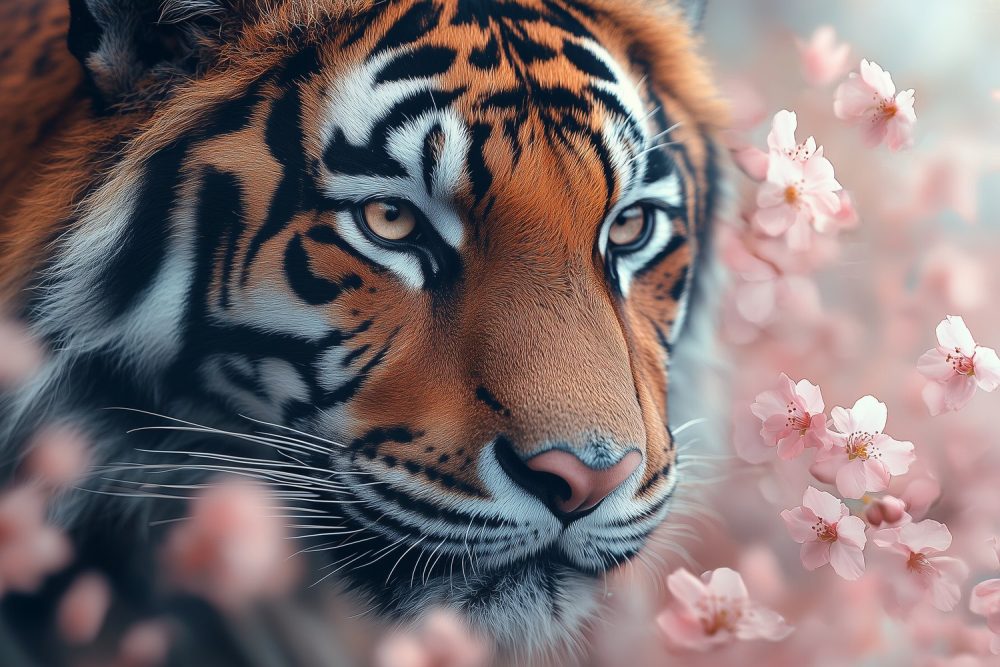 Majestueuze tijger tussen bloemen behang
