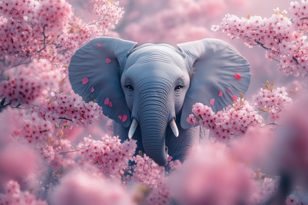 Grijze olifant tussen roze bloemen behang