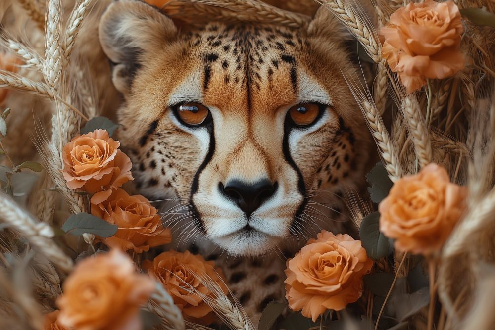 Cheetah tussen oranje rozen behang