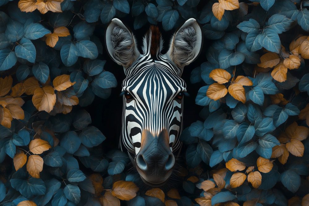 Speelse zebra tussen kleurrijk blad behang