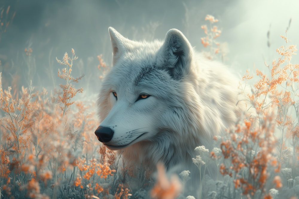 Witte wolf in bloemenveld behang