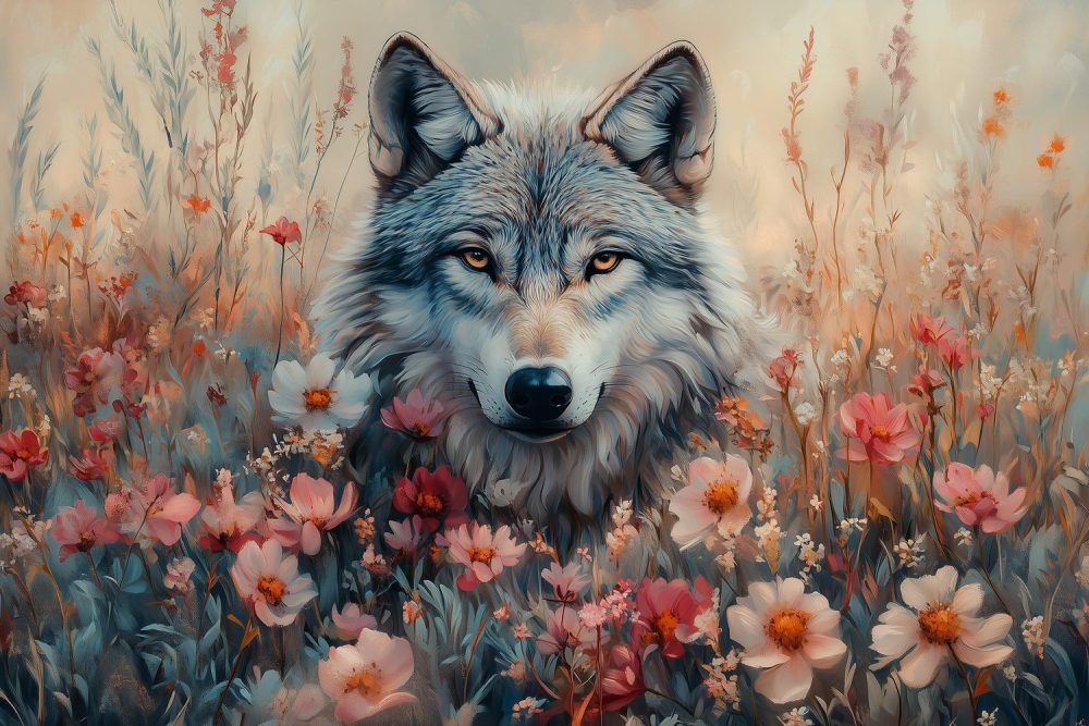 Wolvenblik in bloemenzee behang