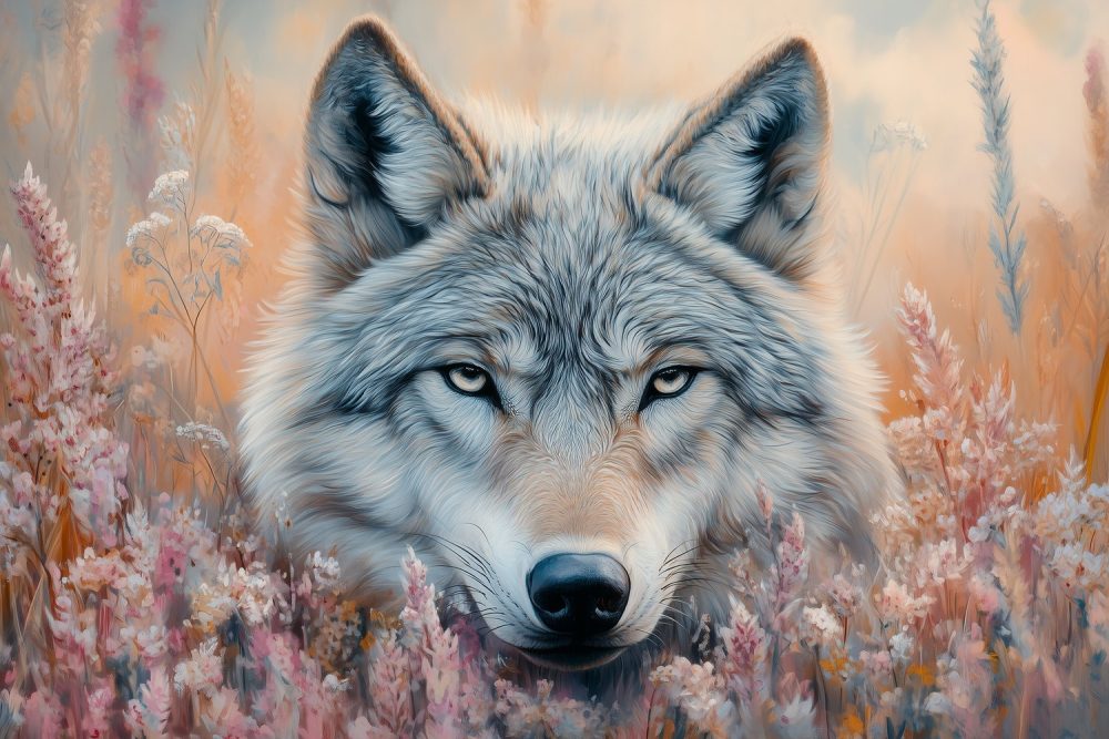 Wolvenbloem in oranje roze behang