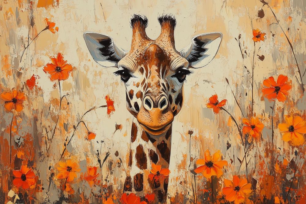 Giraf in Oranje Bloemenveld behang