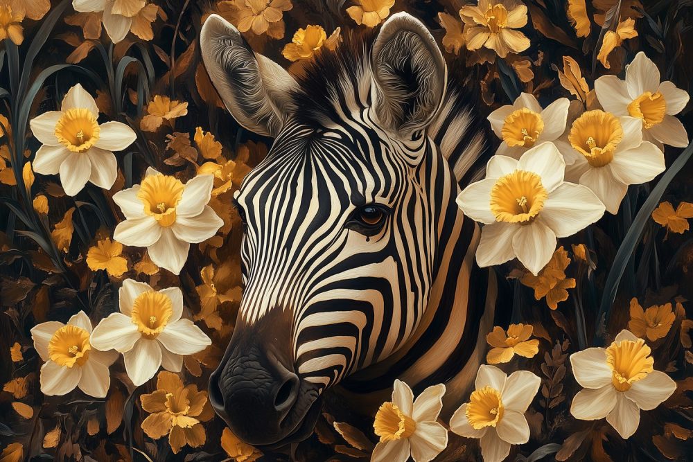 Zebra in bloemenpracht behang