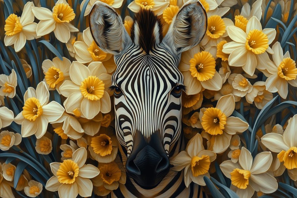 Zebra in bloemenpracht behang