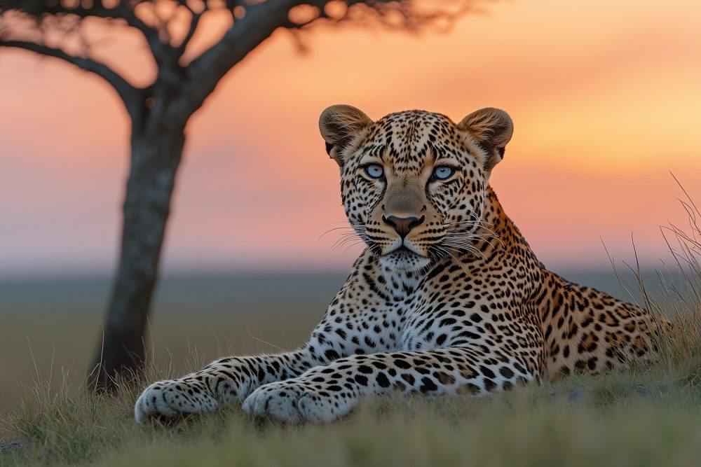 Rustende luipaard bij zonsondergang behang