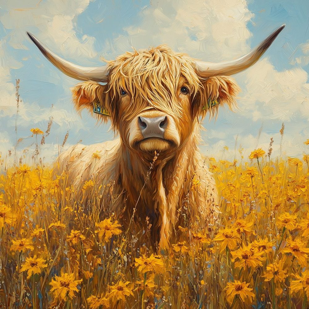 Impressionistische koe in bloemenveld behang