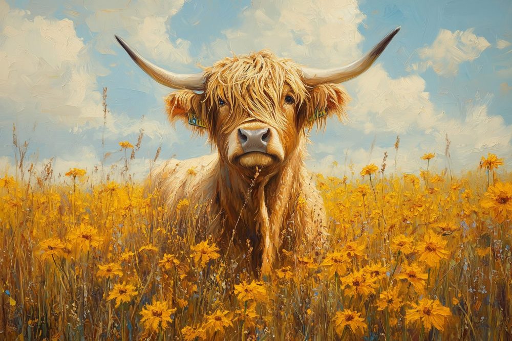 Impressionistische koe in bloemenveld behang