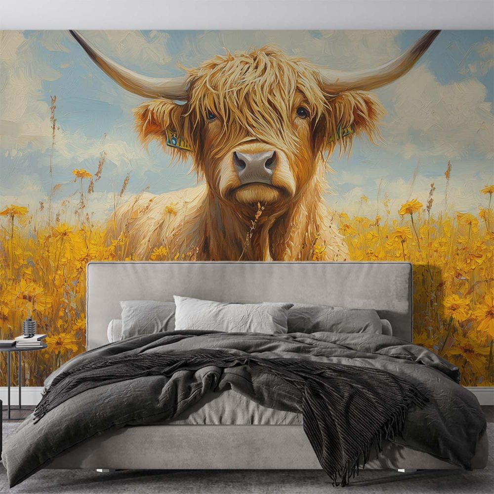 Alternative view of Impressionistische koe in bloemenveld behang