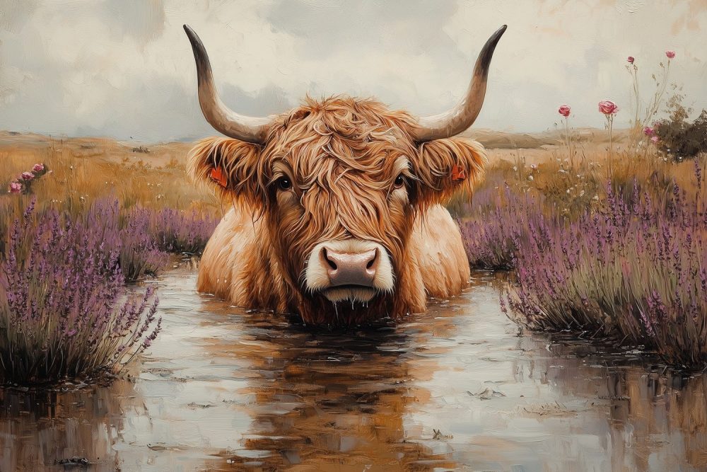 Rustige koe in bloemenwater behang