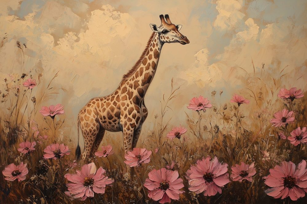Giraf in Roze Bloemenveld behang