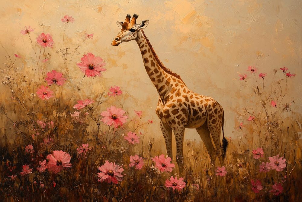 Impressionistische giraf tussen bloemen behang