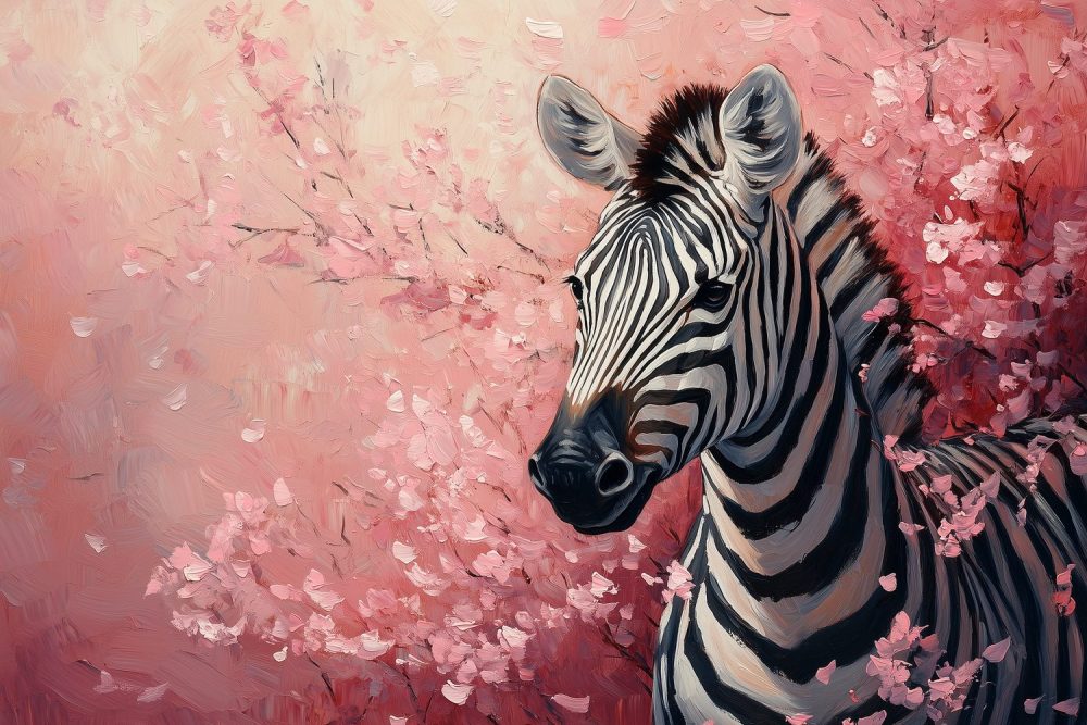 Zebra in Roze Bloemenveld behang