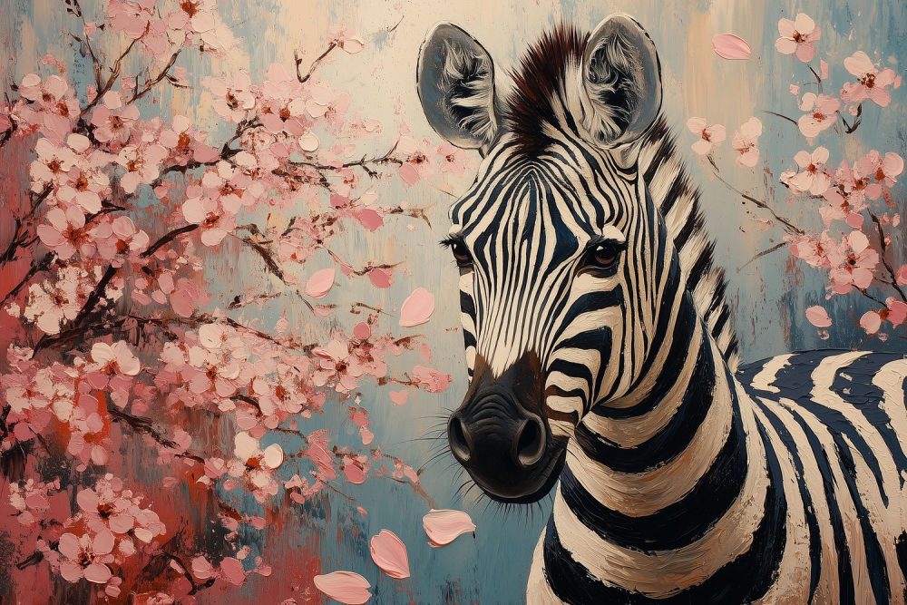 Zebra tussen roze bloemen behang