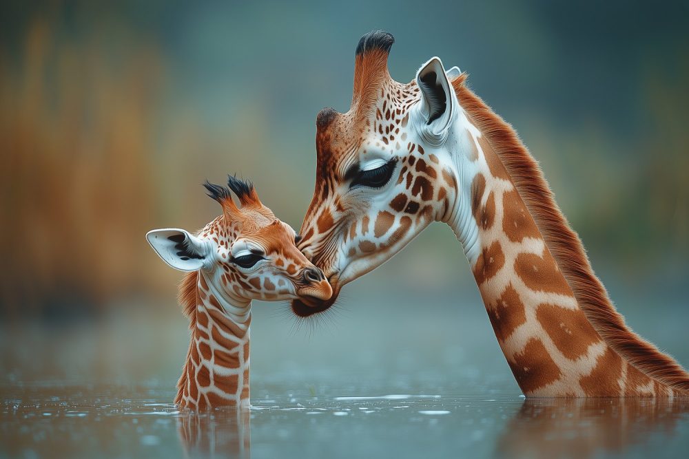 Moeder en baby giraffe tederheid behang