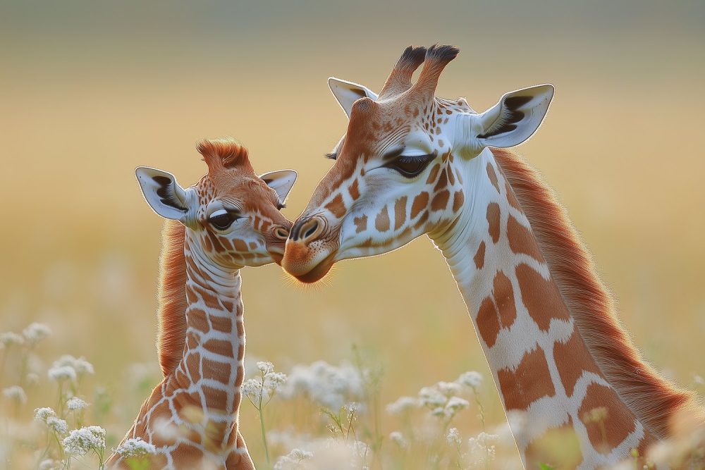 Liefdevolle giraffenmoeder en baby behang