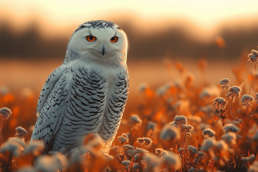 Witte uil bij zonsondergang behang