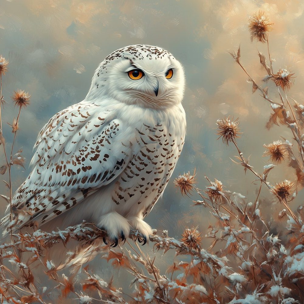 Besneeuwde uil op tak behang