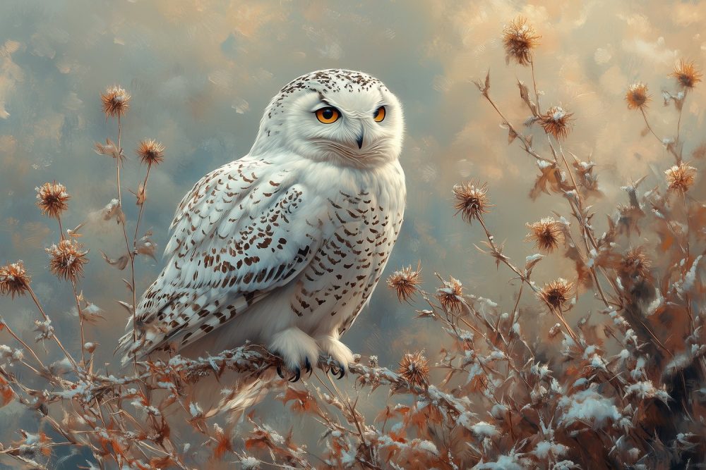 Besneeuwde uil op tak behang