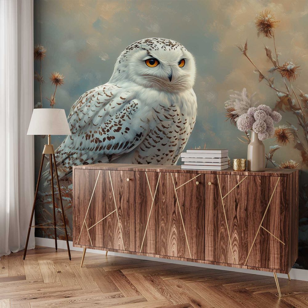 Alternative view of Besneeuwde uil op tak behang