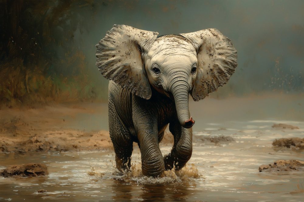 Speels olifantje in modder behang