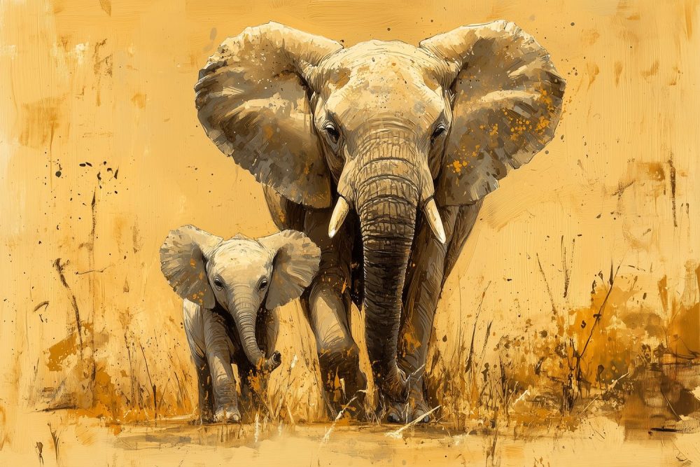 Moeder en baby olifant behang