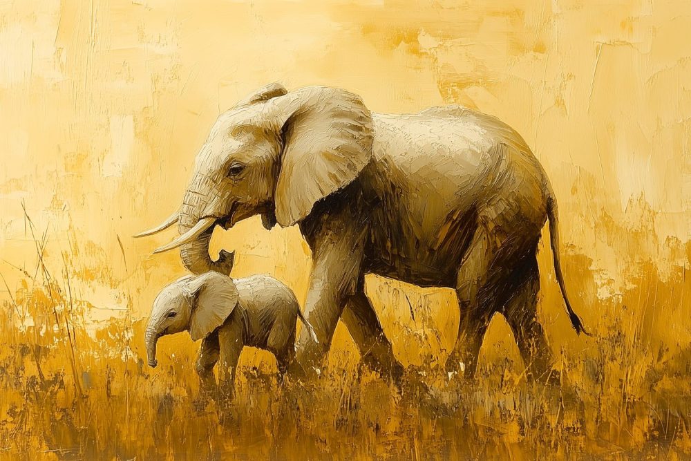 Moeder en baby olifant behang