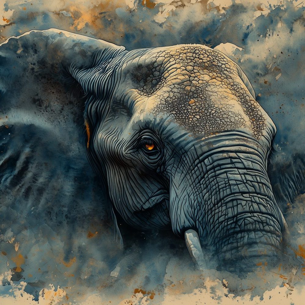 Blauwe olifant waterverfschilderij behang