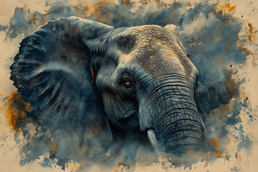 Blauwe olifant waterverfschilderij behang