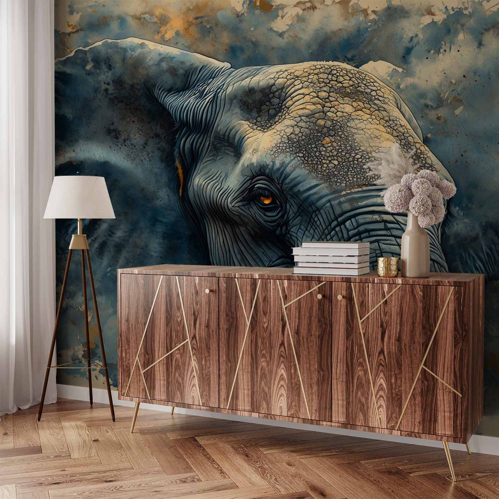 Alternative view of Blauwe olifant waterverfschilderij behang