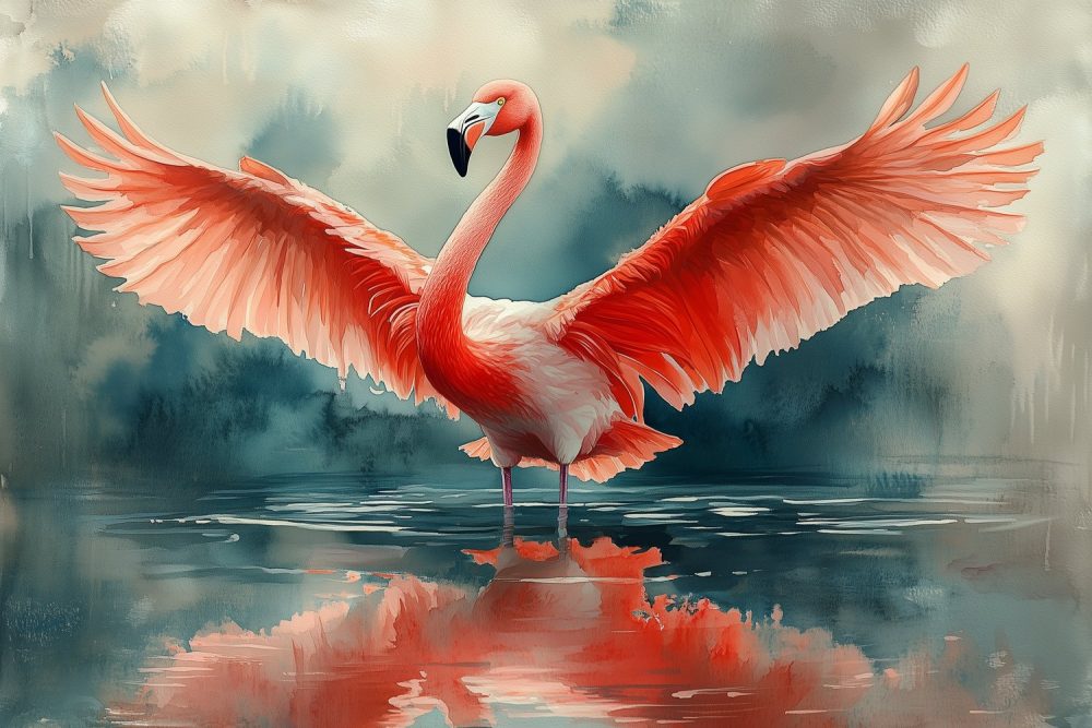 Spreidvleugelige flamingo in water behang