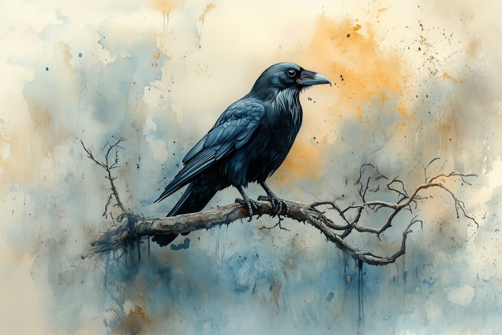 Zwarte kraai op tak behang