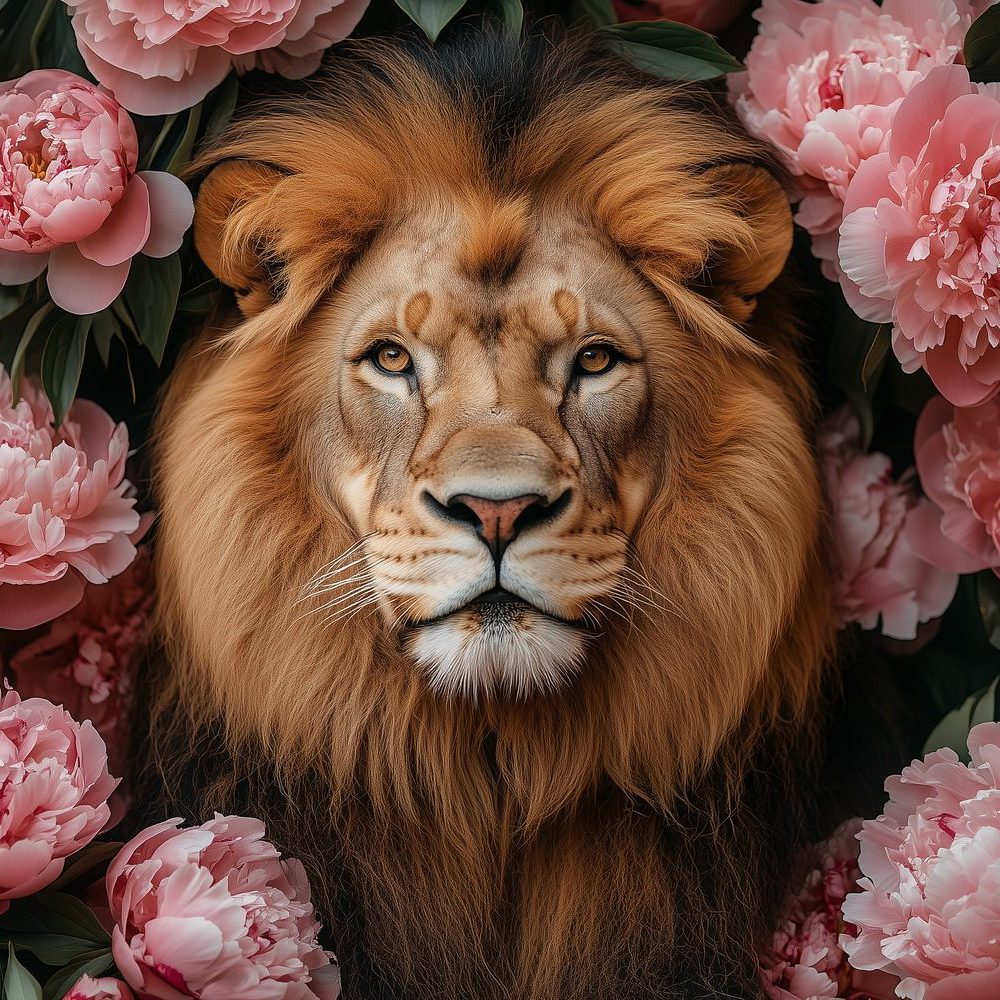 Gouden leeuw tussen roze pioenen behang