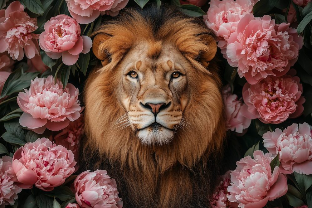 Gouden leeuw tussen roze pioenen behang