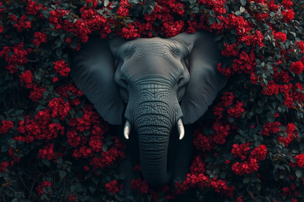 Grijze olifant tussen rode bloemen behang