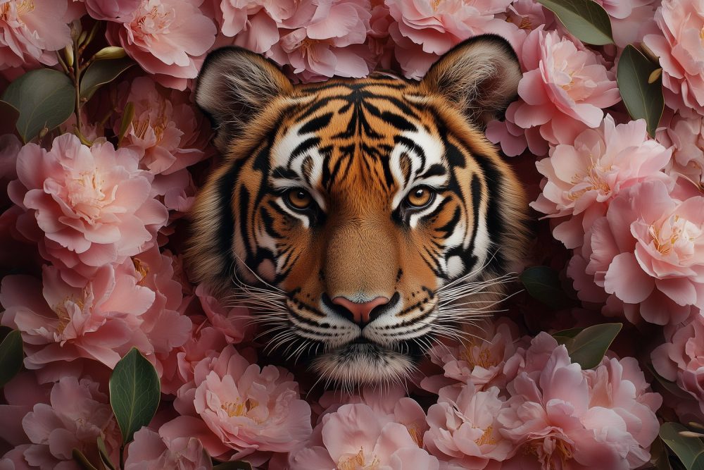 Tijger in roze bloemen behang