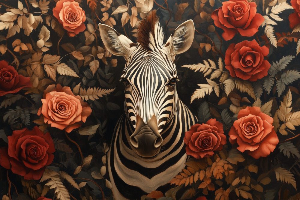 Zebra omringd door rode rozen behang