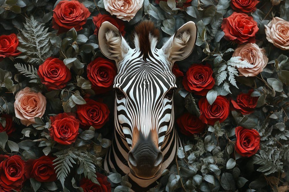 Zebra tussen rozenpracht behang