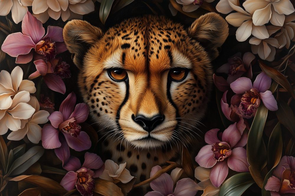 Cheetah tussen bloemenpracht behang