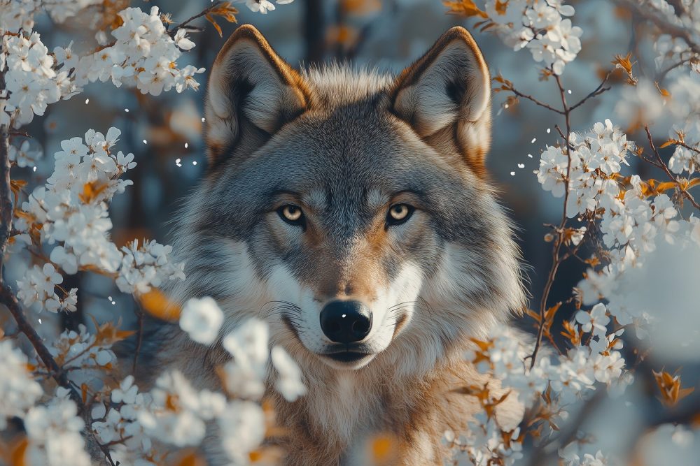 Wolvenblik in Bloemenzee behang