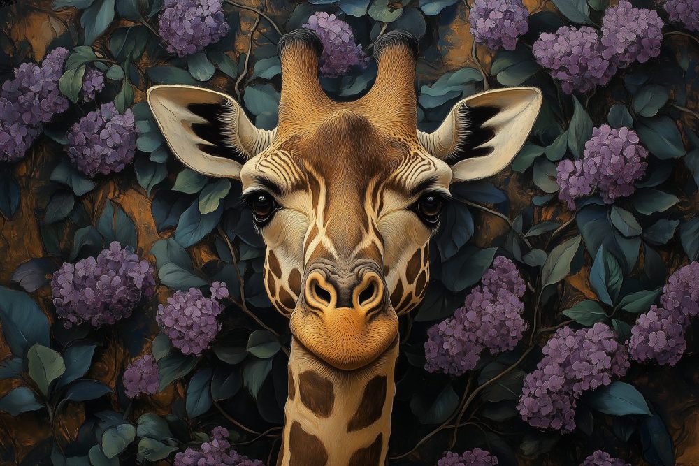 Giraf tussen paarse bloemen behang