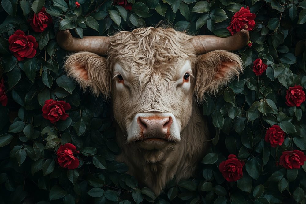 Rustige koe tussen rode rozen behang